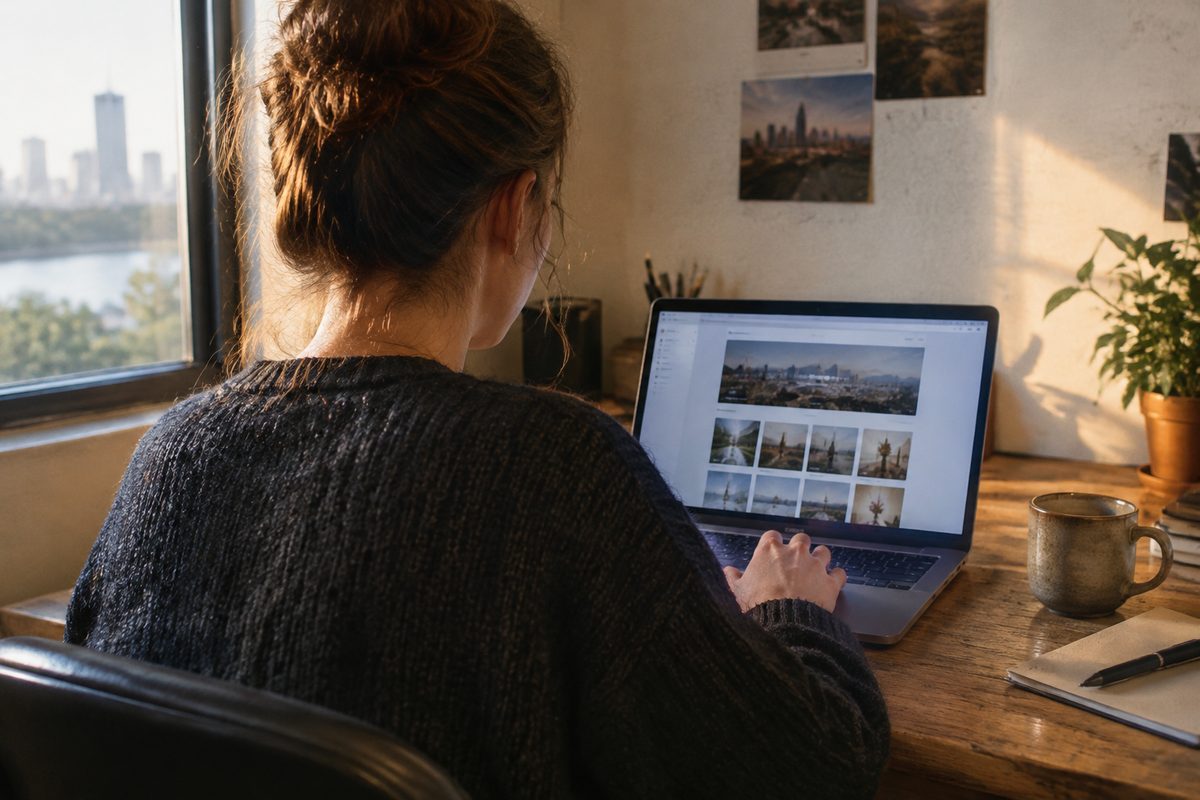 Person reviewing a web interface at a workstation